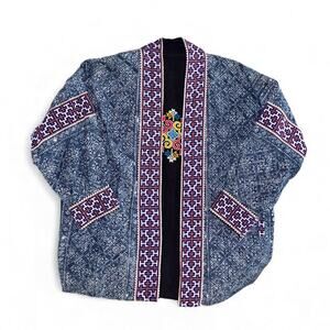 Vintage Reversible Batik Coat Embroidered Accents Kimono Jacket